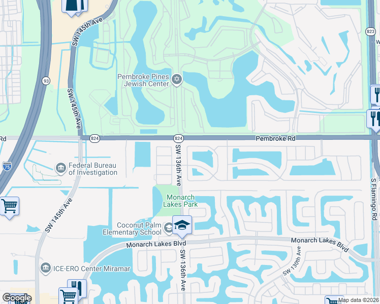 map of restaurants, bars, coffee shops, grocery stores, and more near 13500 Southwest 17th Court in Miramar
