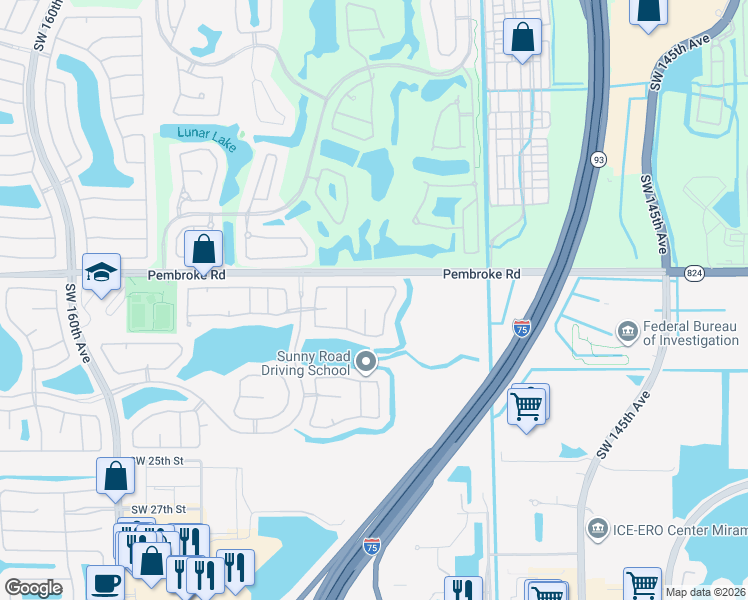 map of restaurants, bars, coffee shops, grocery stores, and more near 1843 Southwest 149th Avenue in Miramar