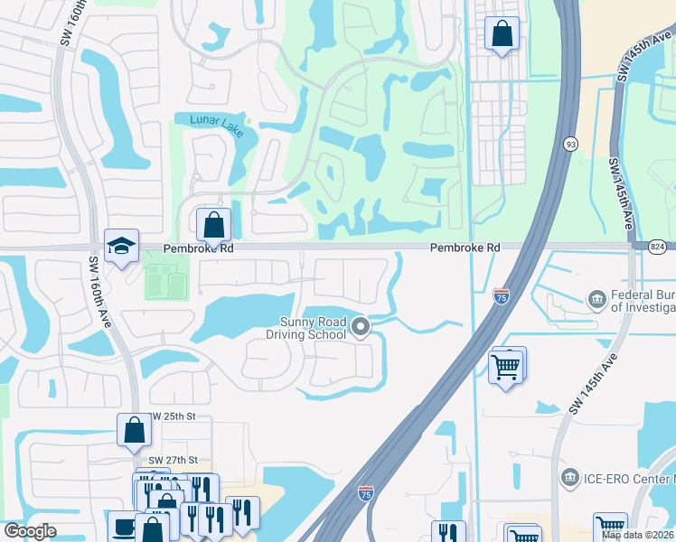 map of restaurants, bars, coffee shops, grocery stores, and more near 15033 Southwest 19th Street in Miramar