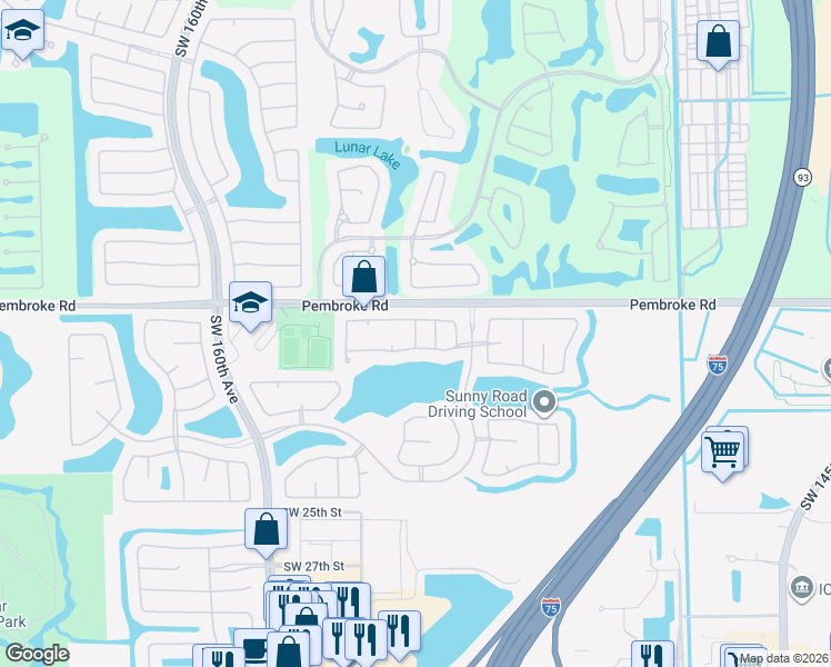 map of restaurants, bars, coffee shops, grocery stores, and more near 1854 Southwest 152nd Way in Miramar