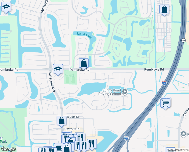 map of restaurants, bars, coffee shops, grocery stores, and more near 1857 Southwest 154th Avenue in Miramar