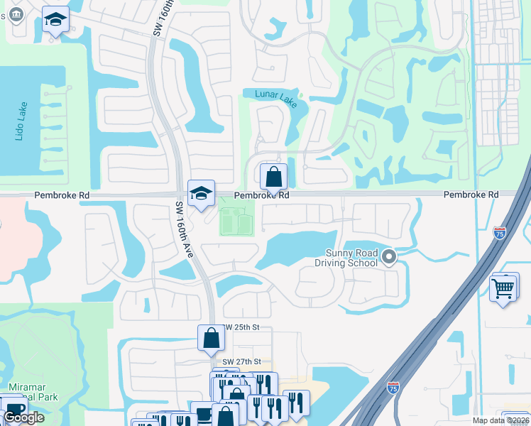 map of restaurants, bars, coffee shops, grocery stores, and more near 1853 Southwest 156th Avenue in Miramar