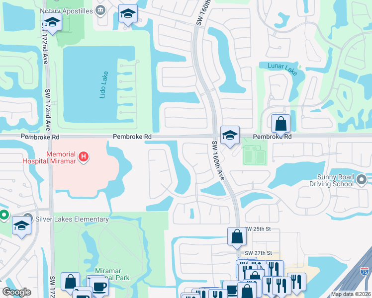 map of restaurants, bars, coffee shops, grocery stores, and more near 16283 Southwest 18th Place in Miramar