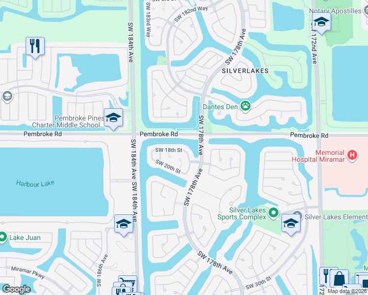 map of restaurants, bars, coffee shops, grocery stores, and more near 17901 Southwest 18th Street in Miramar