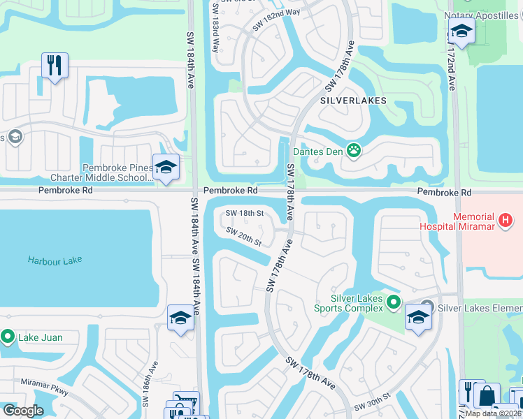 map of restaurants, bars, coffee shops, grocery stores, and more near 17901 Southwest 18th Street in Miramar