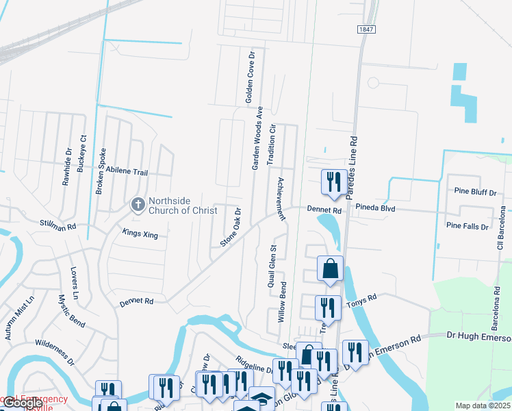 map of restaurants, bars, coffee shops, grocery stores, and more near 6625 Garden Woods Avenue in Brownsville