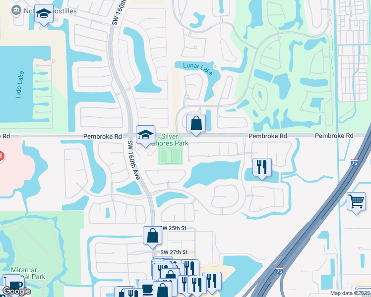 map of restaurants, bars, coffee shops, grocery stores, and more near 1853 Southwest 156th Avenue in Miramar