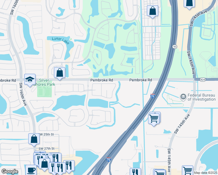 map of restaurants, bars, coffee shops, grocery stores, and more near 1843 Southwest 149th Avenue in Miramar