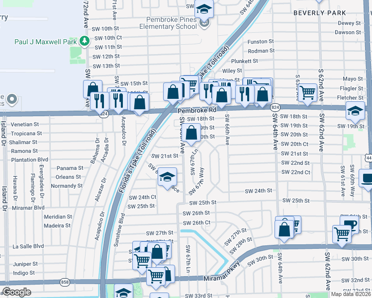 map of restaurants, bars, coffee shops, grocery stores, and more near 6750 Southwest 20th Court in Miramar