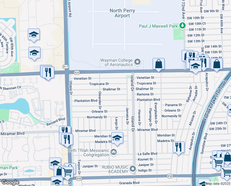 map of restaurants, bars, coffee shops, grocery stores, and more near 7801 Ramona Street in Miramar