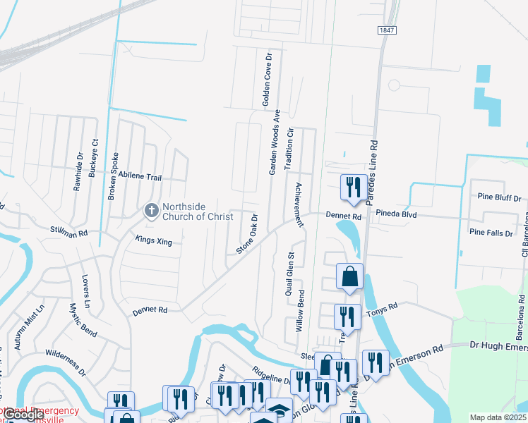 map of restaurants, bars, coffee shops, grocery stores, and more near 6625 Garden Woods Avenue in Brownsville