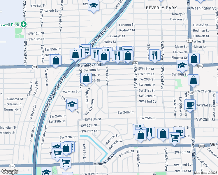 map of restaurants, bars, coffee shops, grocery stores, and more near 6530 Southwest 20th Court in Miramar