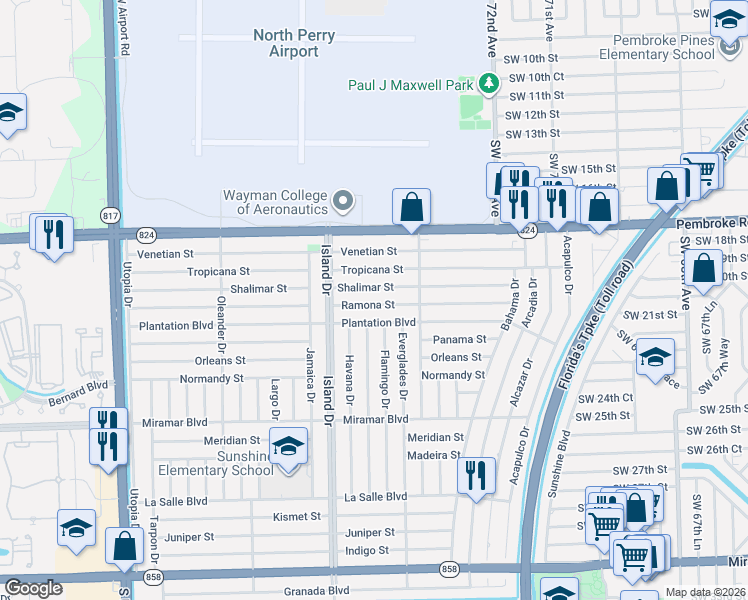 map of restaurants, bars, coffee shops, grocery stores, and more near 7637 Ramona Street in Miramar