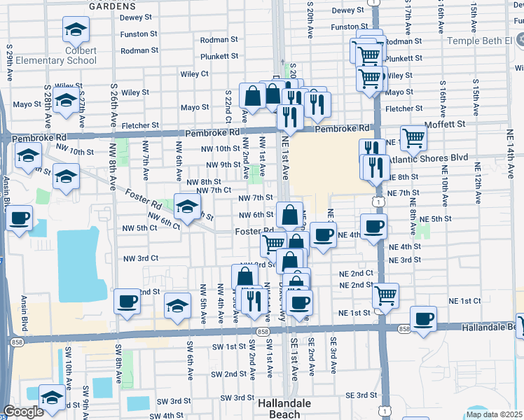 map of restaurants, bars, coffee shops, grocery stores, and more near 605 Northwest 1st Avenue in Hallandale Beach