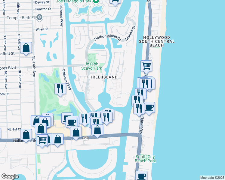 map of restaurants, bars, coffee shops, grocery stores, and more near 2653 Parkview Drive South in Hallandale Beach