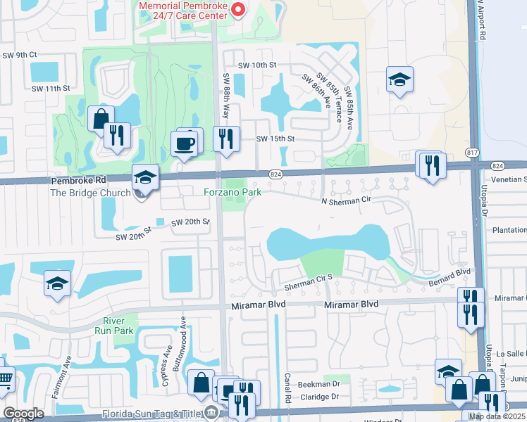 map of restaurants, bars, coffee shops, grocery stores, and more near 8730 Sherman Circle North in Miramar