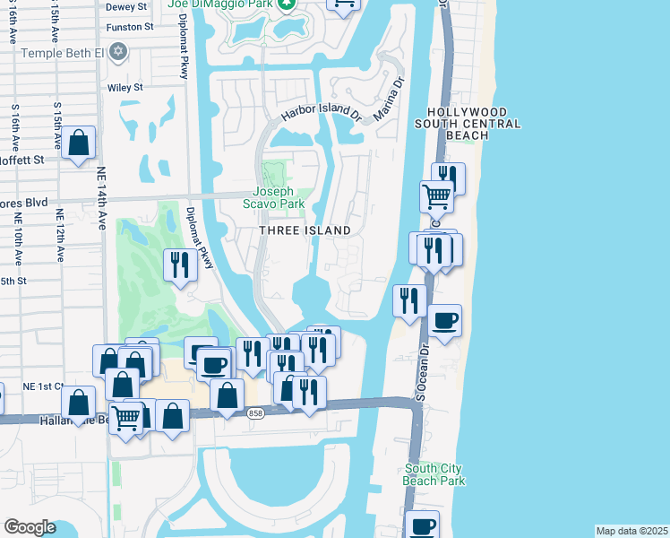 map of restaurants, bars, coffee shops, grocery stores, and more near 2653 Parkview Drive South in Hallandale Beach