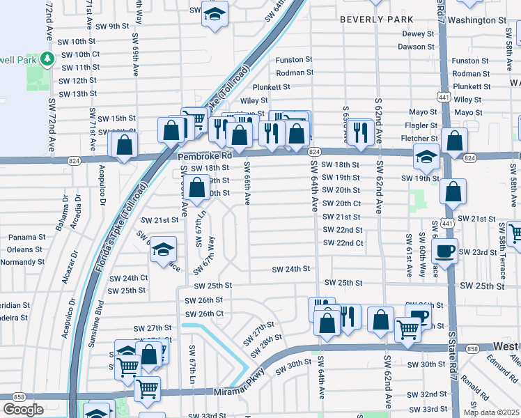 map of restaurants, bars, coffee shops, grocery stores, and more near 6530 Southwest 20th Court in Miramar