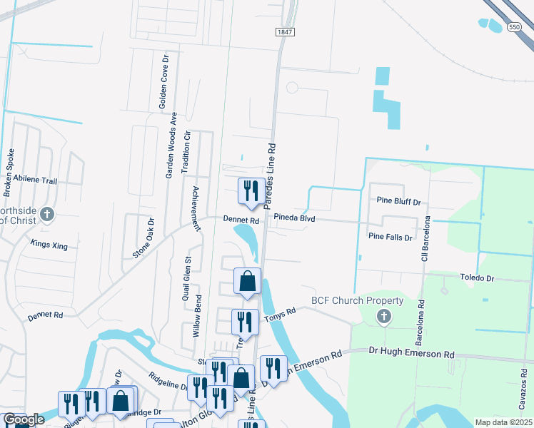 map of restaurants, bars, coffee shops, grocery stores, and more near 2155 Paredes Line Road in Brownsville