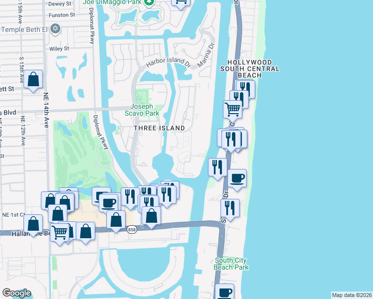 map of restaurants, bars, coffee shops, grocery stores, and more near 517 Leslie Drive in Hallandale Beach