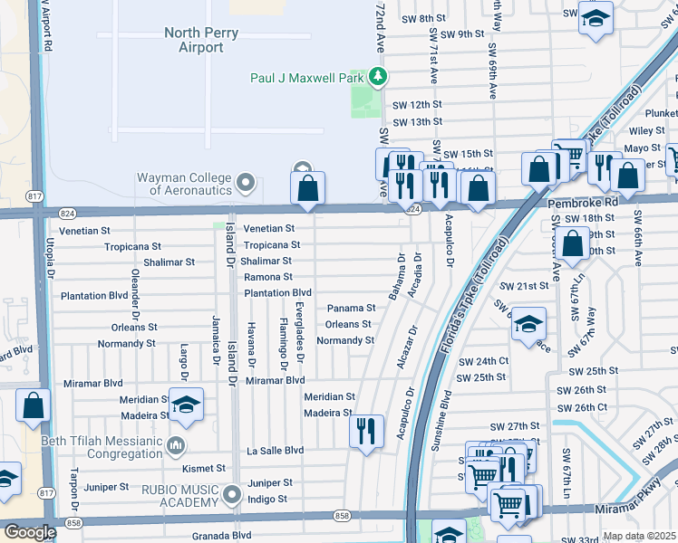 map of restaurants, bars, coffee shops, grocery stores, and more near 7421 Ramona Street in Miramar