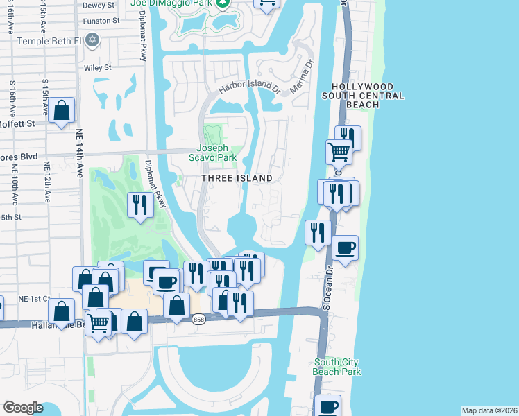 map of restaurants, bars, coffee shops, grocery stores, and more near 2653 Parkview Drive South in Hallandale Beach