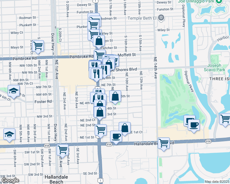 map of restaurants, bars, coffee shops, grocery stores, and more near 801 Northeast 5th Street in Hallandale Beach