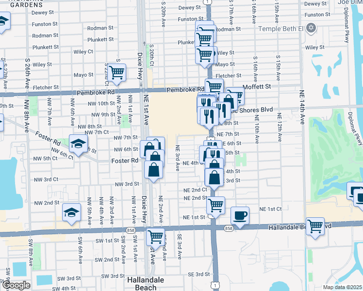 map of restaurants, bars, coffee shops, grocery stores, and more near 306 Northeast 6th Street in Hallandale Beach