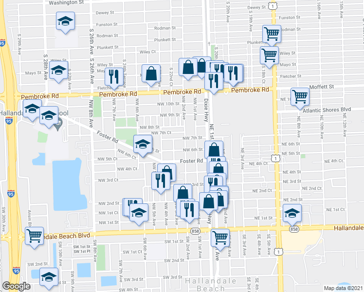 map of restaurants, bars, coffee shops, grocery stores, and more near 601 Northwest 2nd Avenue in Hallandale Beach