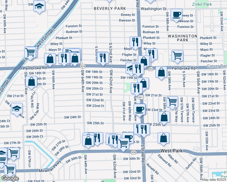 map of restaurants, bars, coffee shops, grocery stores, and more near 6165 Southwest 21st Street in Miramar
