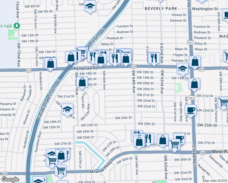 map of restaurants, bars, coffee shops, grocery stores, and more near 6530 Southwest 20th Court in Miramar