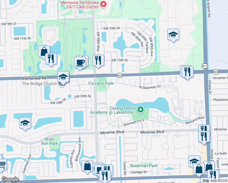 map of restaurants, bars, coffee shops, grocery stores, and more near 8730 Sherman Circle North in Miramar