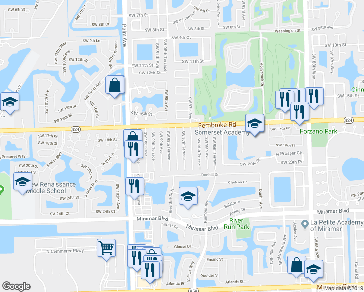 map of restaurants, bars, coffee shops, grocery stores, and more near 1821 Southwest 97th Terrace in Miramar