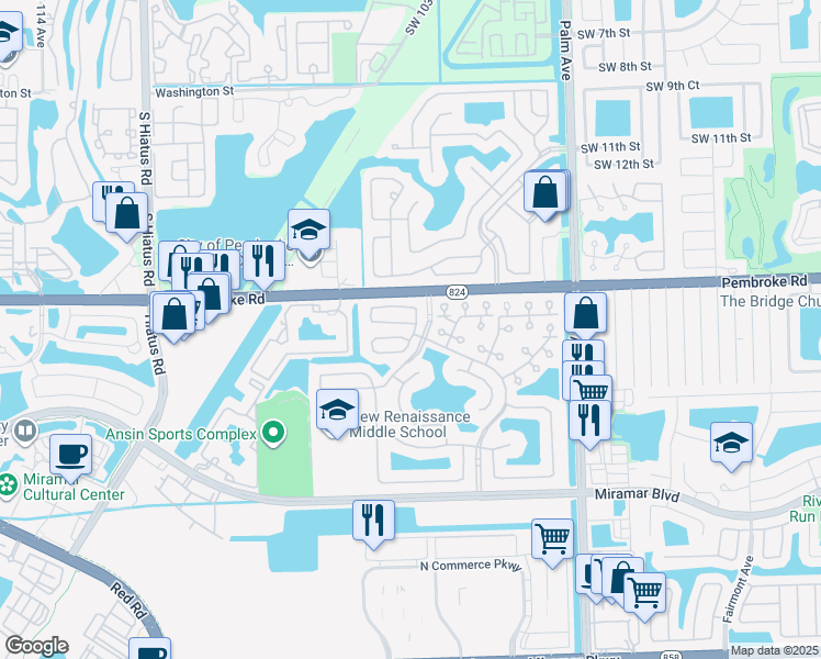 map of restaurants, bars, coffee shops, grocery stores, and more near 10451 Southwest 19th Street in Miramar