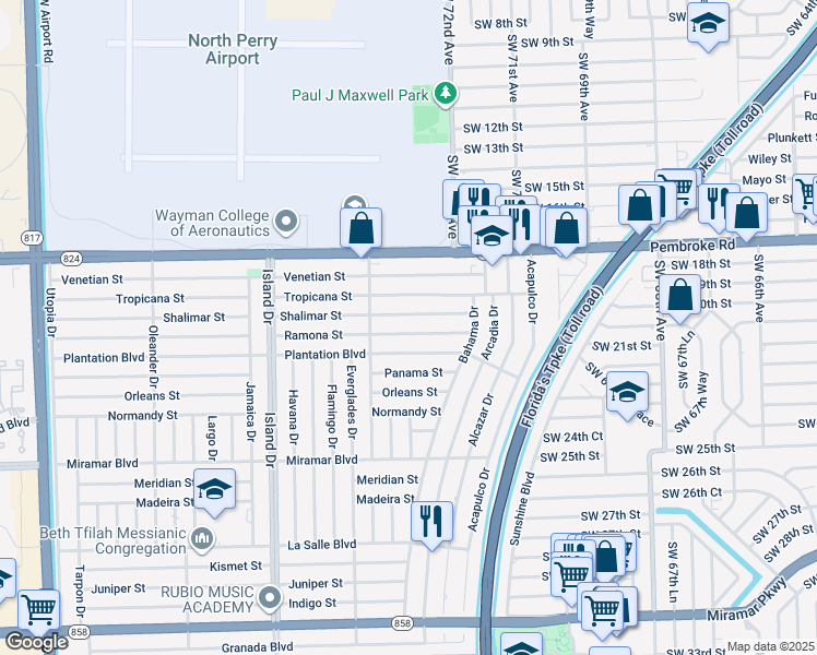 map of restaurants, bars, coffee shops, grocery stores, and more near 7421 Ramona Street in Miramar