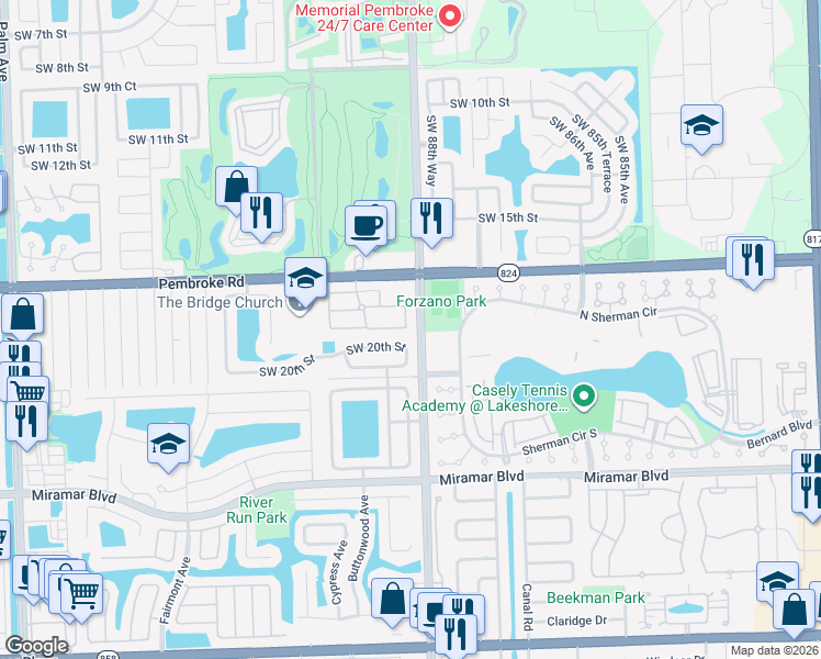 map of restaurants, bars, coffee shops, grocery stores, and more near 8900 Southwest 19th Street in Miramar