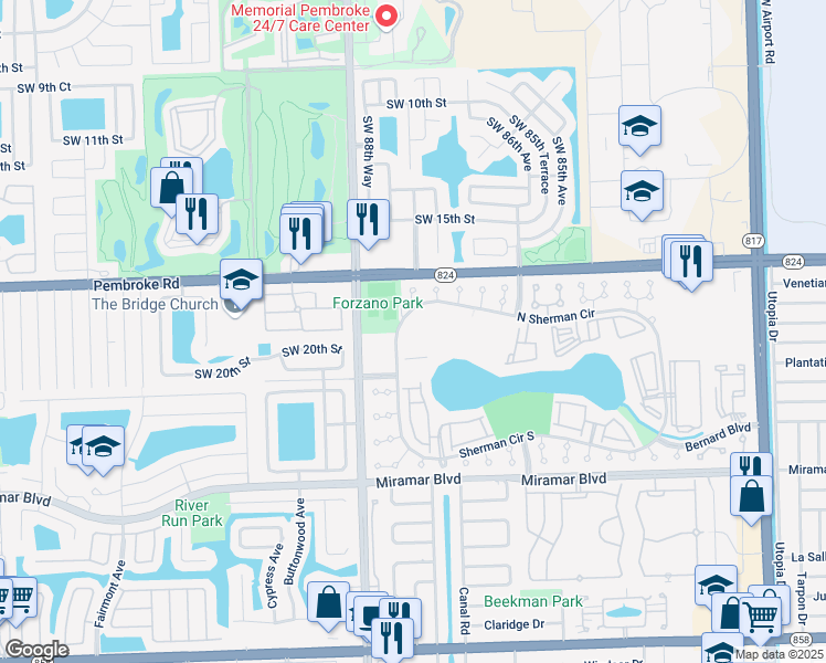 map of restaurants, bars, coffee shops, grocery stores, and more near 8730 Sherman Circle North in Miramar