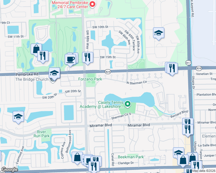 map of restaurants, bars, coffee shops, grocery stores, and more near 8730 Sherman Circle North in Miramar