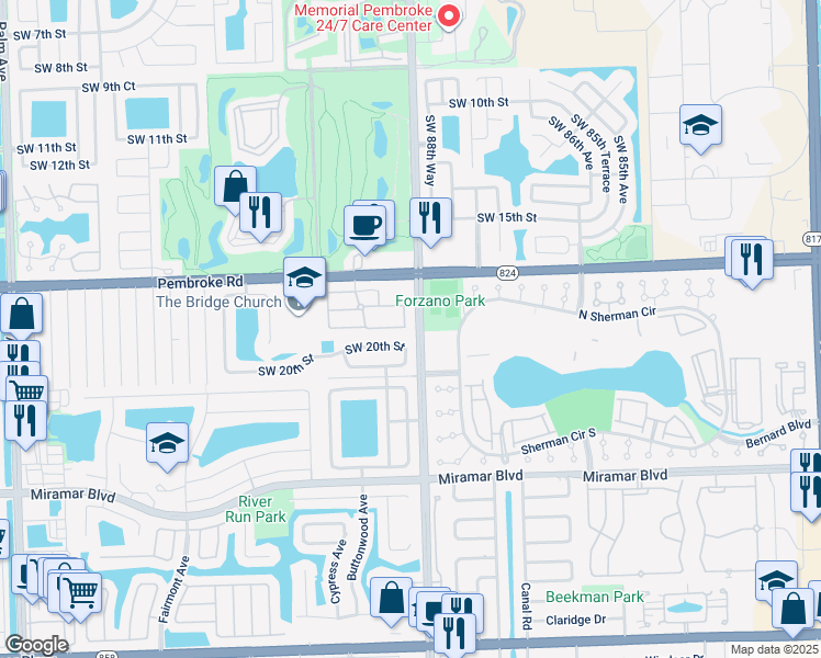 map of restaurants, bars, coffee shops, grocery stores, and more near 1859 Southwest 89th Terrace in Miramar