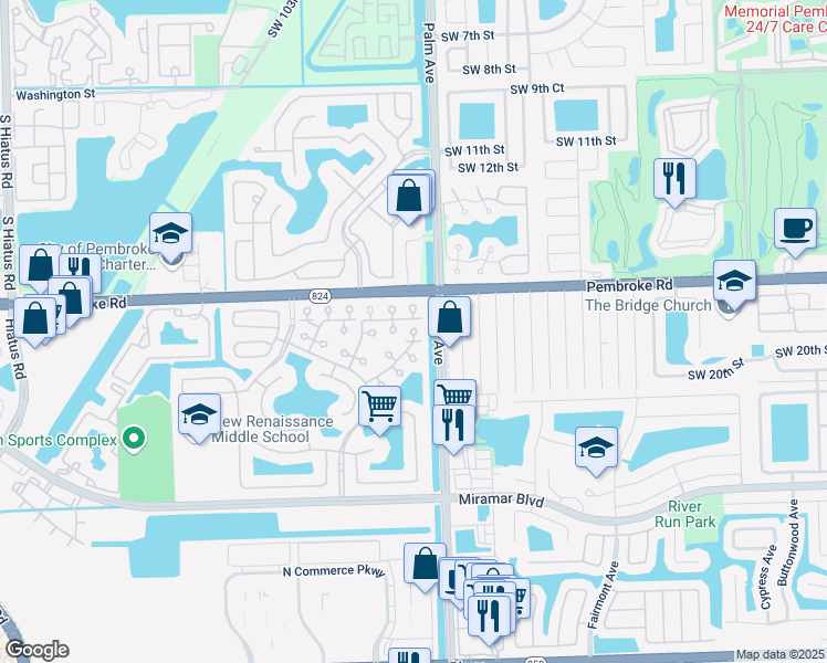 map of restaurants, bars, coffee shops, grocery stores, and more near 1829 Southwest 101st Terrace in Miramar