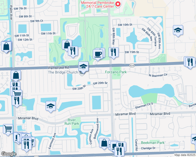 map of restaurants, bars, coffee shops, grocery stores, and more near 8938 Southwest 19th Street in Miramar