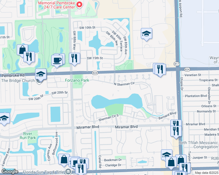 map of restaurants, bars, coffee shops, grocery stores, and more near 8540 Sherman Circle North in Miramar