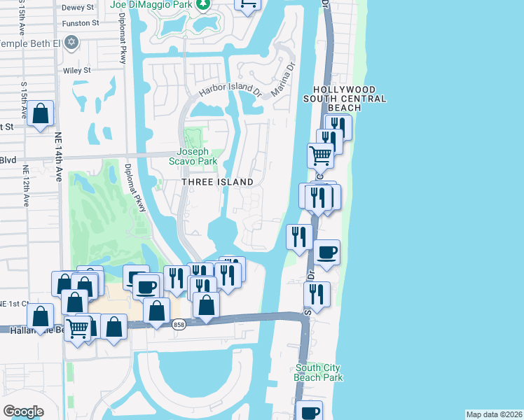 map of restaurants, bars, coffee shops, grocery stores, and more near 517 Leslie Drive in Hallandale Beach