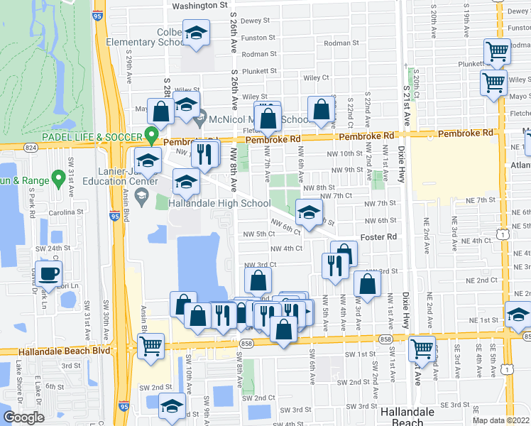 map of restaurants, bars, coffee shops, grocery stores, and more near 609 Northwest 7th Avenue in Hallandale Beach