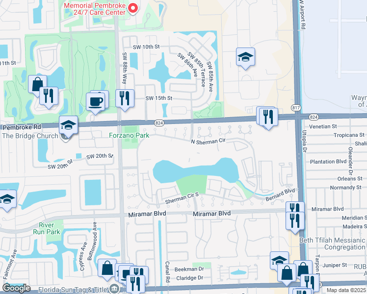 map of restaurants, bars, coffee shops, grocery stores, and more near 8540 Sherman Circle North in Miramar