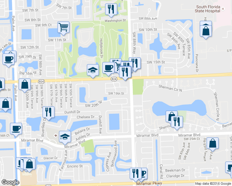 map of restaurants, bars, coffee shops, grocery stores, and more near 8938 Southwest 19th Street in Miramar