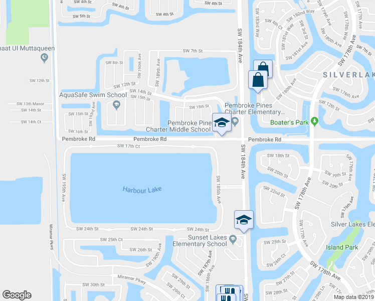 map of restaurants, bars, coffee shops, grocery stores, and more near 18640 Southwest 17th Court in Miramar