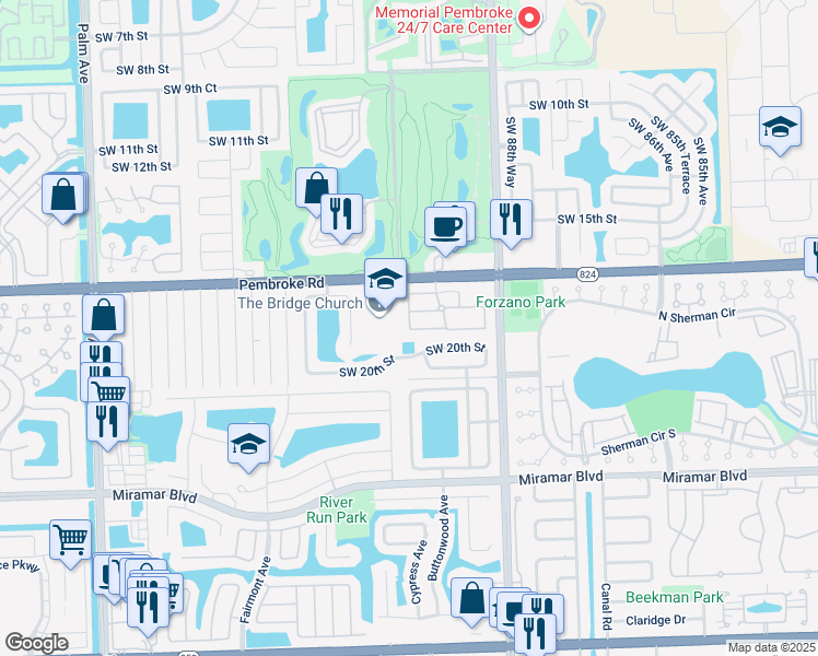map of restaurants, bars, coffee shops, grocery stores, and more near 1891 Southwest 91st Avenue in Miramar