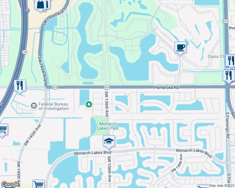 map of restaurants, bars, coffee shops, grocery stores, and more near 13500 Southwest 17th Court in Miramar