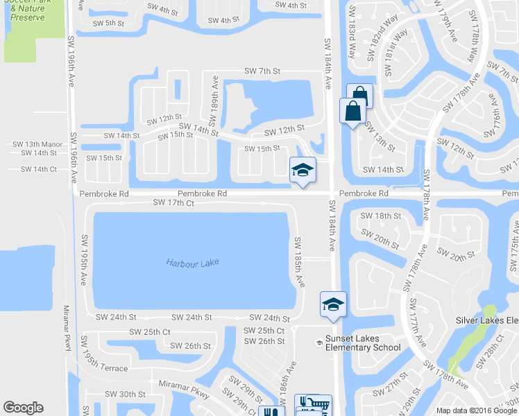map of restaurants, bars, coffee shops, grocery stores, and more near 18640 Southwest 17th Court in Miramar